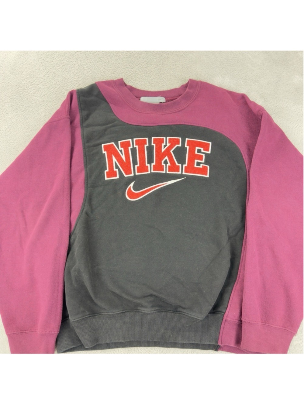Vintage Nike Men's Size Large Reworked Maroon/Blk Retro Fleece Crewneck Sweater - Picture 8 of 11